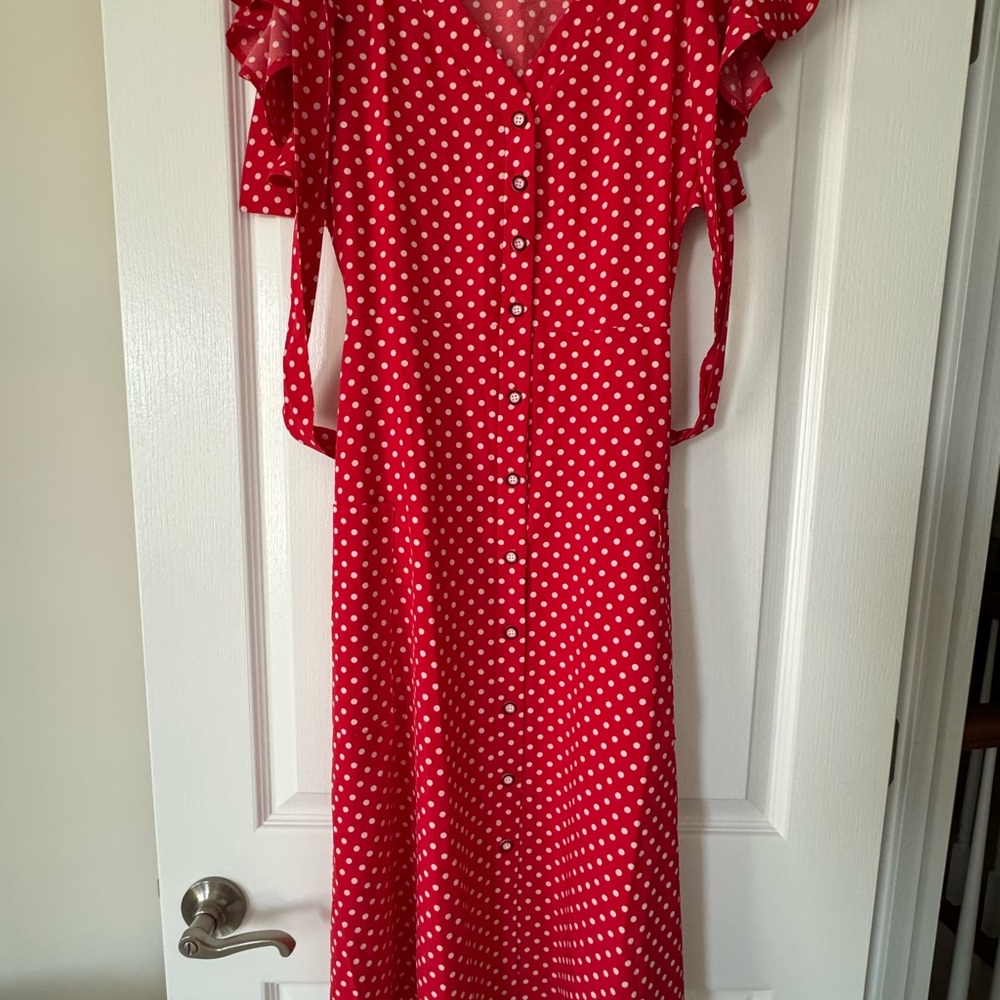 Red & White Light/Breezy Button Polka Dot Dress Size Large (ties around waist) - Picture 7 of 10